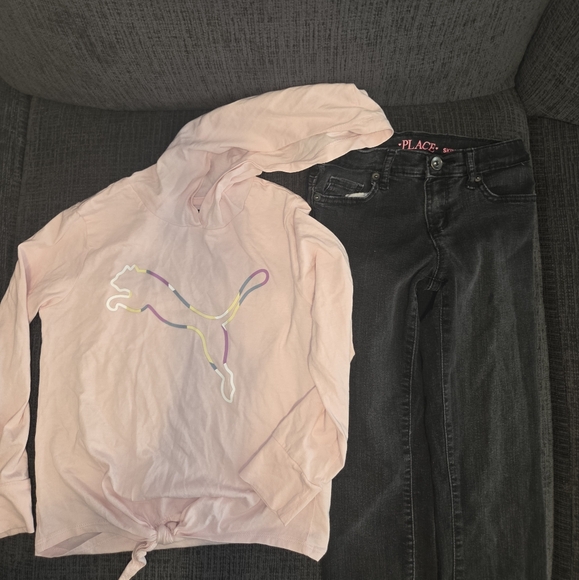 Puma Kids Light Pink Sweatshirt with Logo & Children's Place Black Jeans - Picture 1 of 2